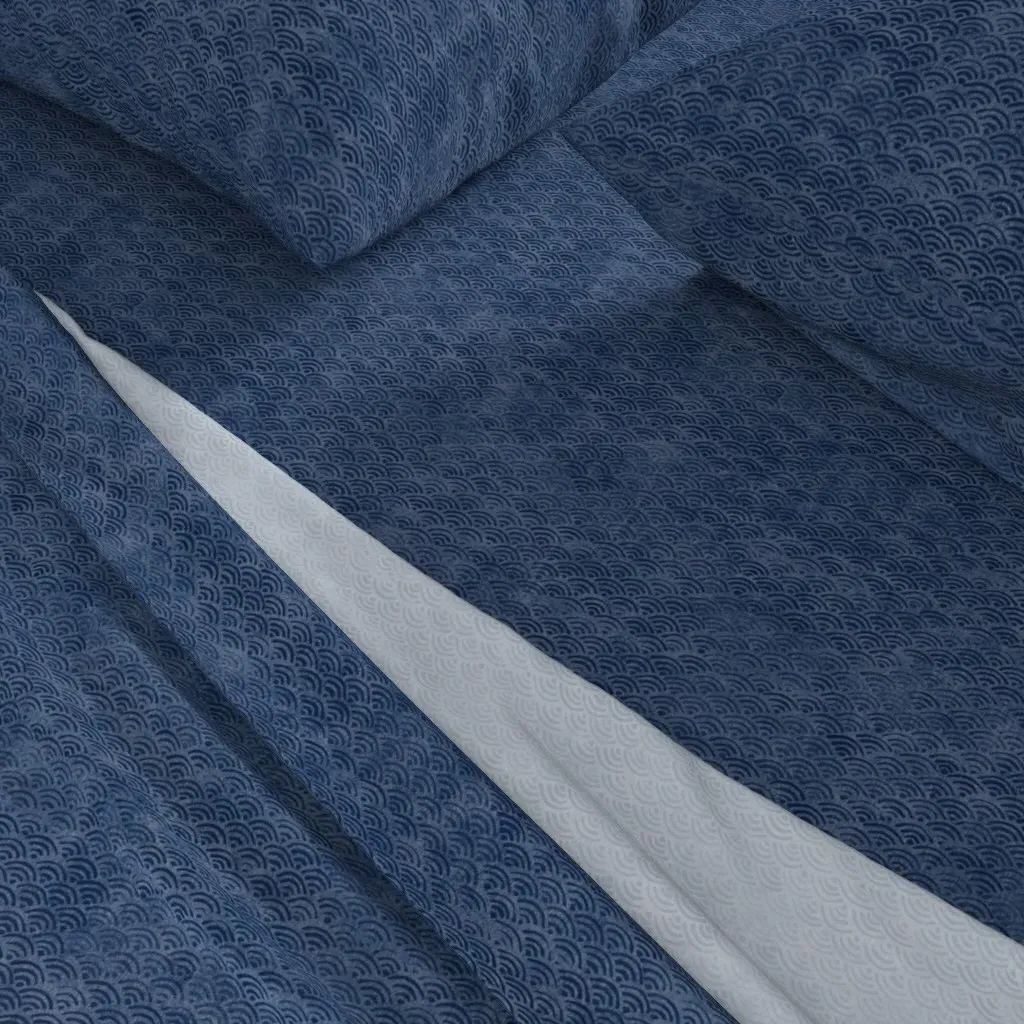 Japanese Block Print Ocean Waves Queen Sheet Set - Indigo alternate view