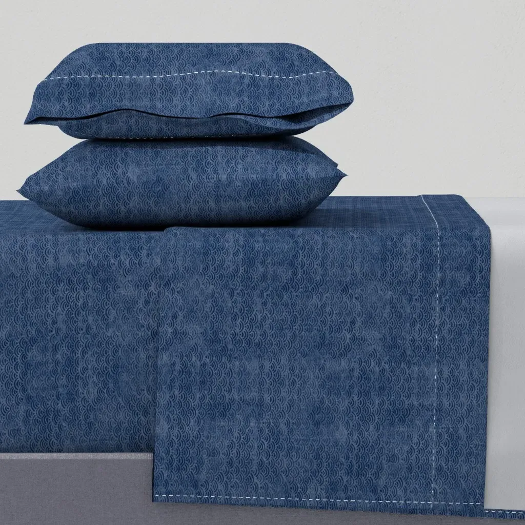 Japanese Block Print Ocean Waves Queen Sheet Set - Indigo product