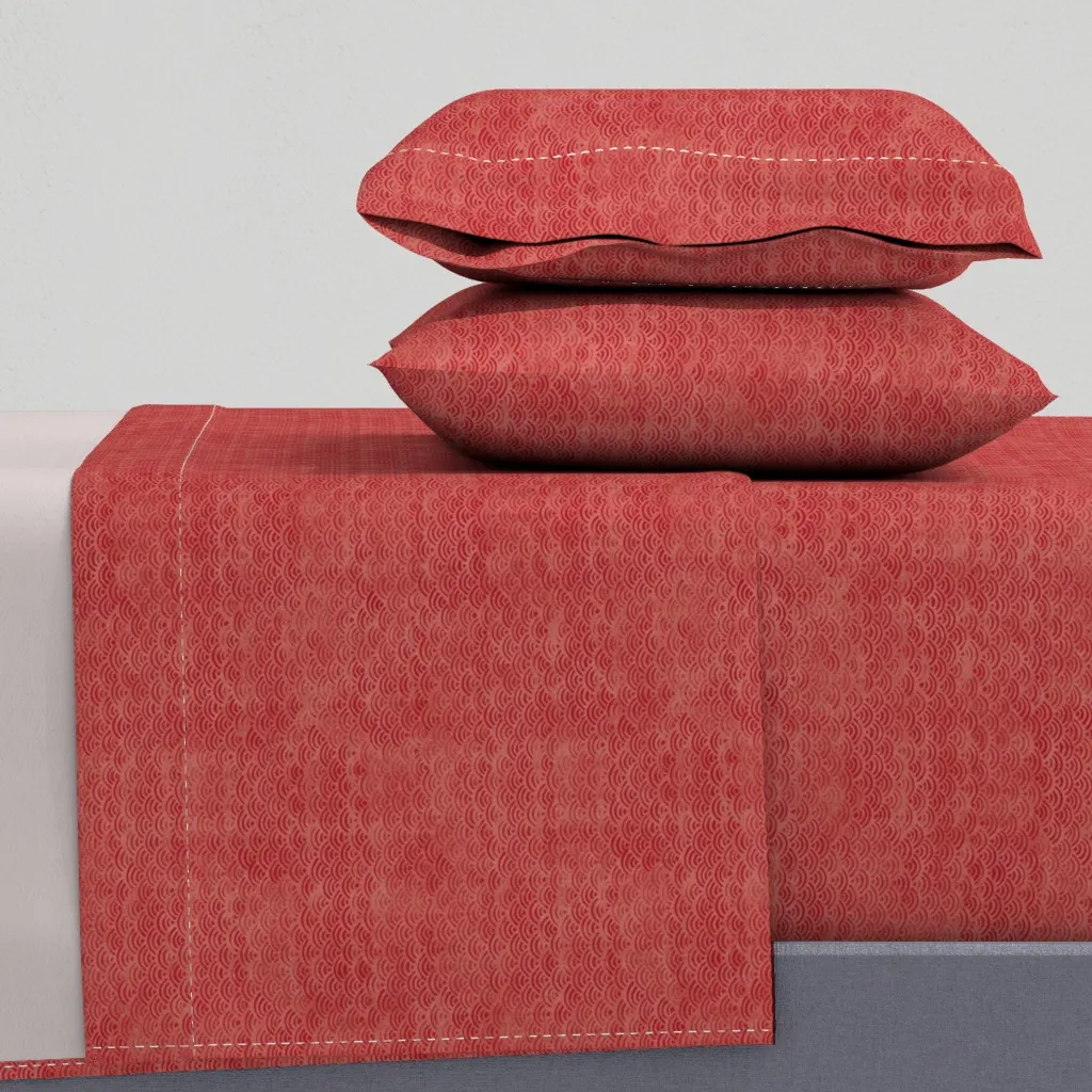 Japanese Block Print Ocean Waves Twin Sheet Set - Red product