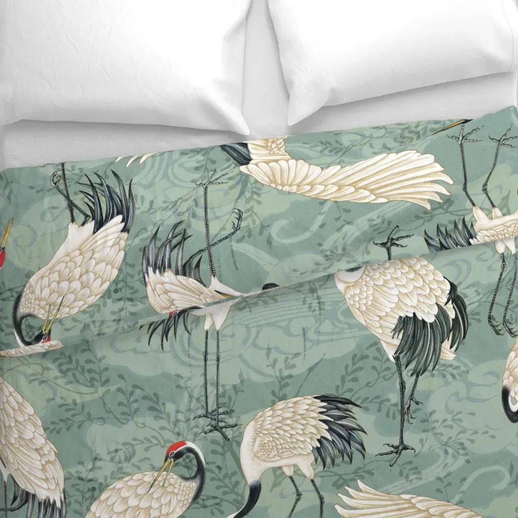 Japanese Crane Birds Aqua Duvet Cover - Off-White, Cream alternate view