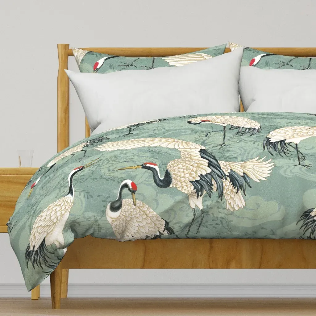 Japanese Crane Birds Aqua Duvet Cover - Off-White, Cream product