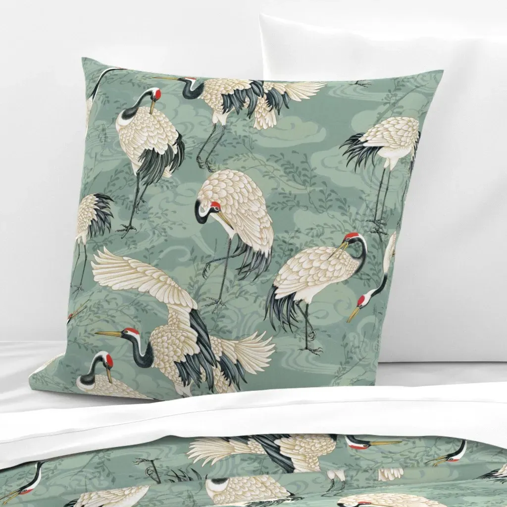 Japanese Crane Birds Aqua Euro Pillow Sham - Cream product