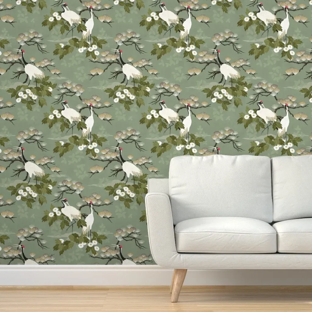 Japanese Crane Large Scale Peel and Stick Wallpaper - Sage Green product