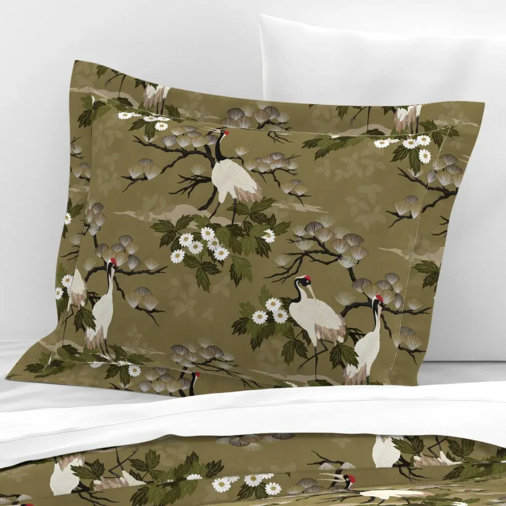 Japanese Crane Standard Flanged Pillow Sham - White, Cotton Sateen product
