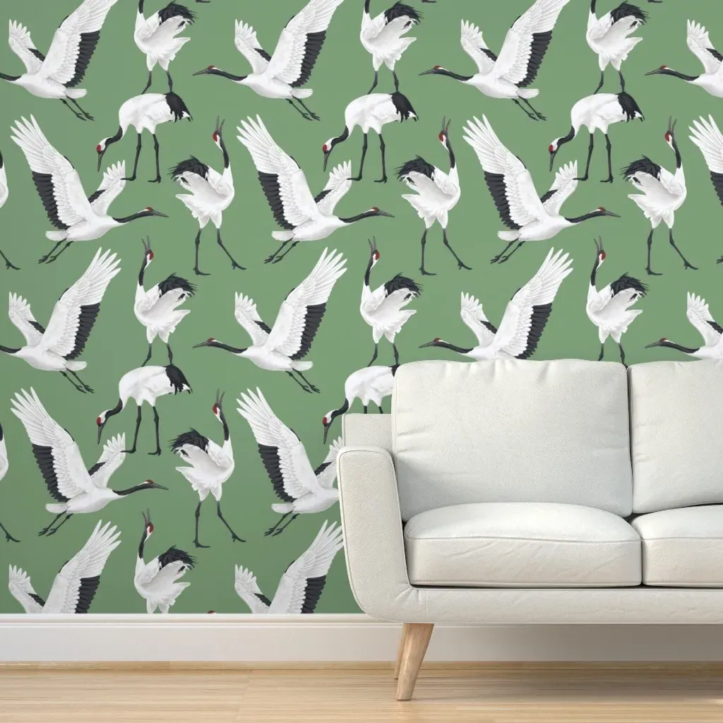 Japanese Cranes Peel and Stick Wallpaper - Green product