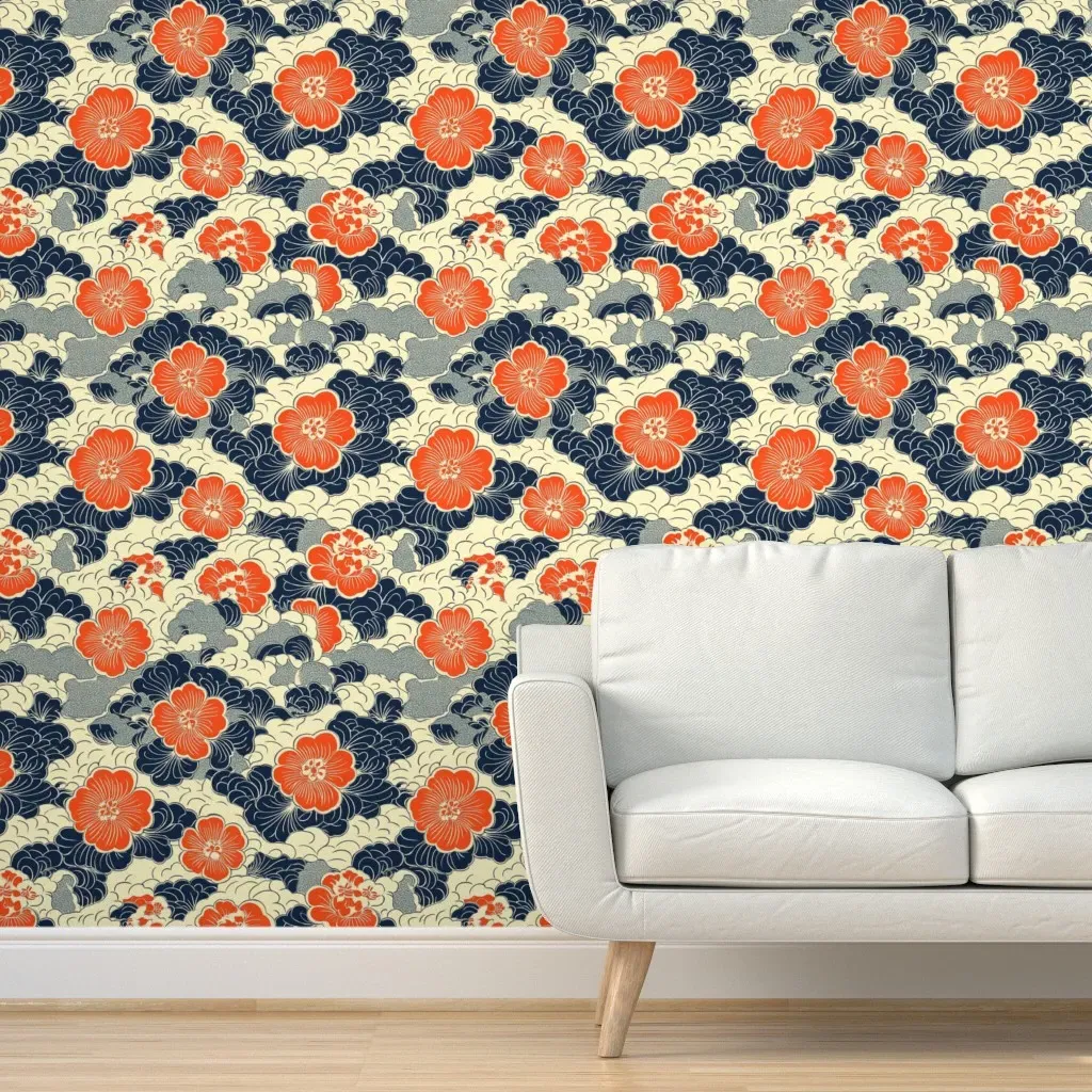 Japanese Floral Waves Peel and Stick Wallpaper - Orange product