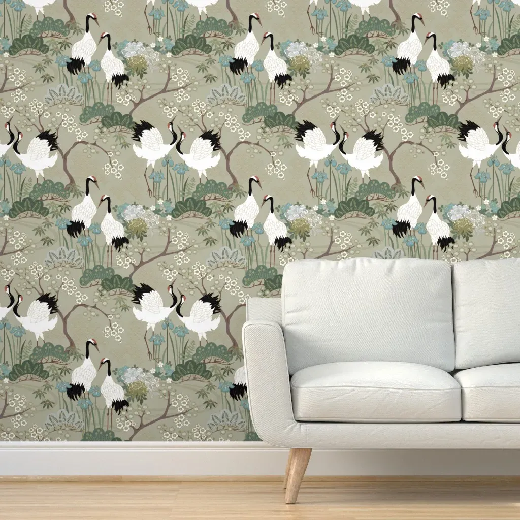 Japanese Garden Birds Peel and Stick Wallpaper - White product