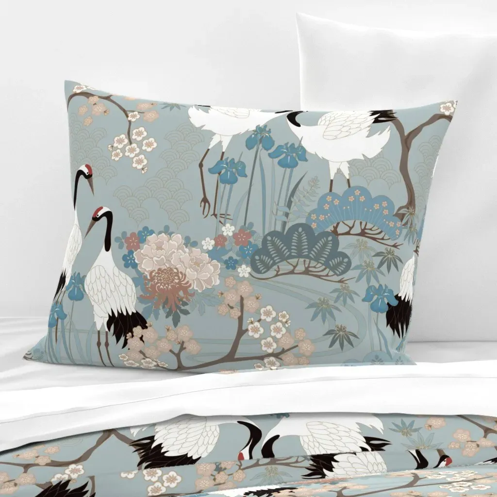 Japanese Garden Birds Standard Knife Edge Cushion - Duck Egg Blue, Cotton Sateen product
