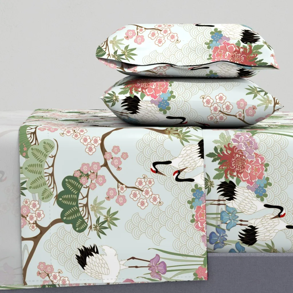 Japanese Garden Chantilly Green Queen Sheet Set - White product