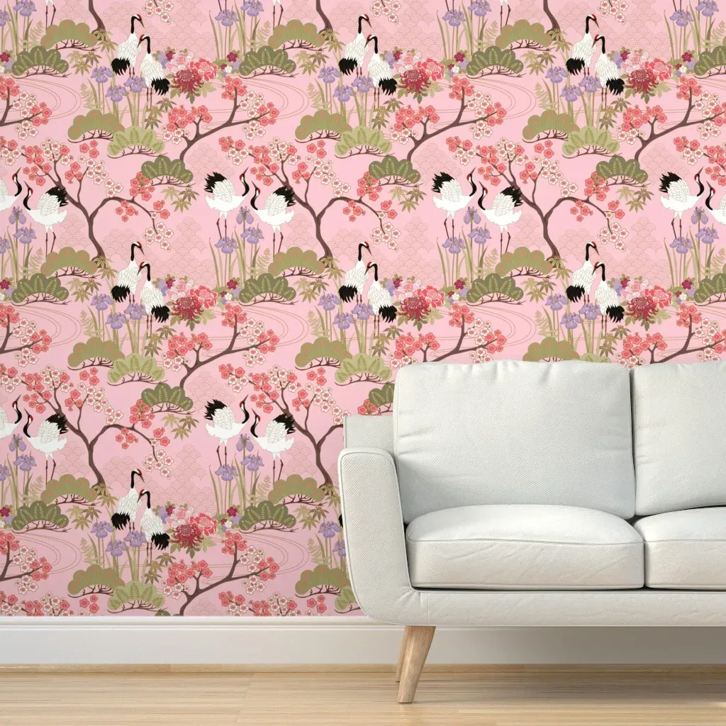 Japanese Garden Large Scale Peel and Stick Wallpaper - Pink product