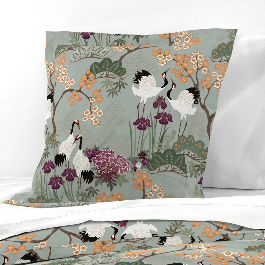 Japanese Garden Sage Mandarin Flowers Euro Pillow Sham - White product