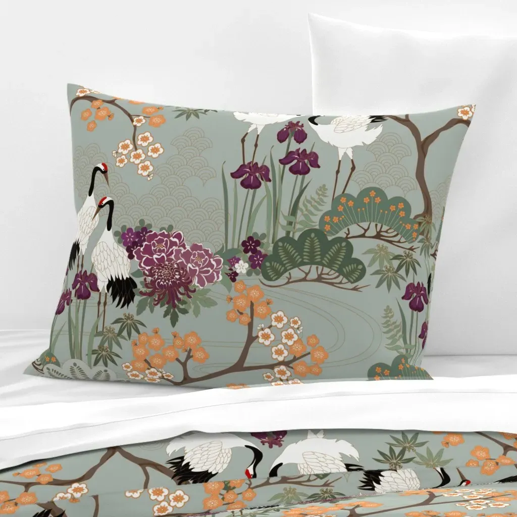 Japanese Garden Sage Mandarin Flowers Standard Pillow - White, Cotton Sateen product