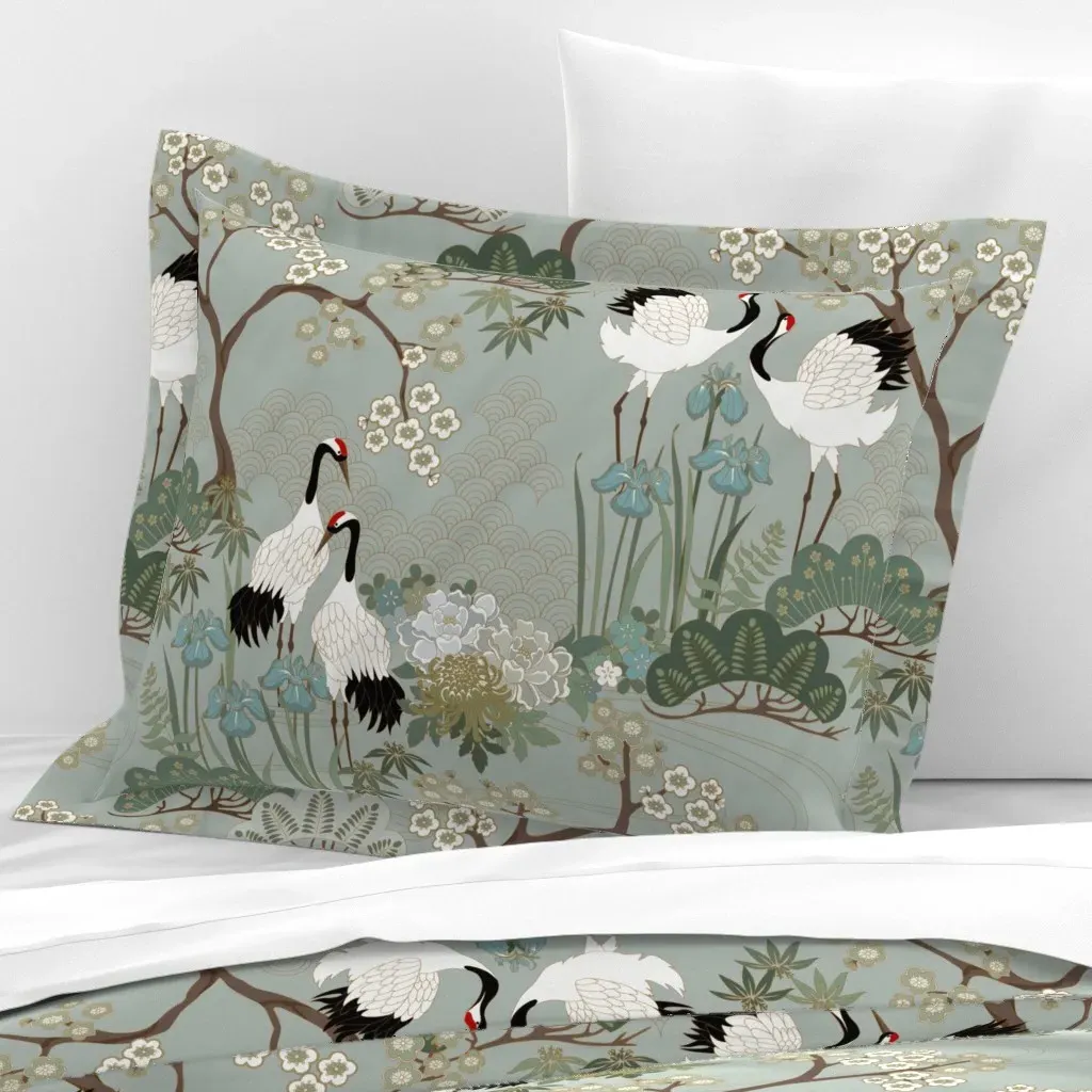 Japanese Garden Sage Standard Flanged Pillow Sham - White, Cotton Sateen product