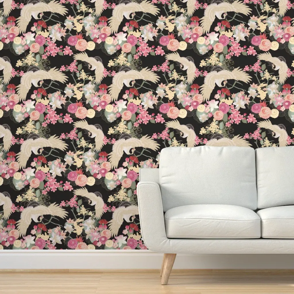 Japanese Garden With Cranes Peel and Stick Wallpaper - Cream product