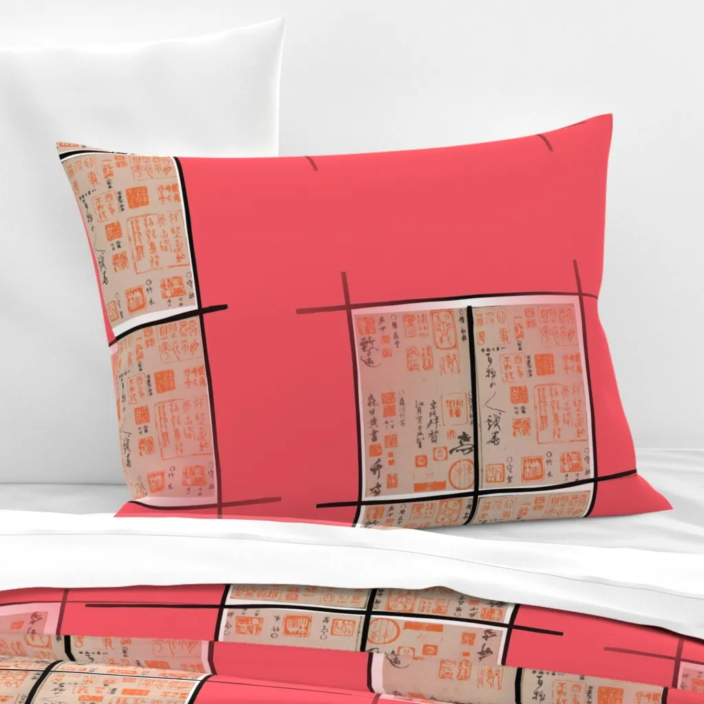 Japanese Hanko Blocks 2 Standard Cushion Cover - Coral Pink, Cotton Sateen product