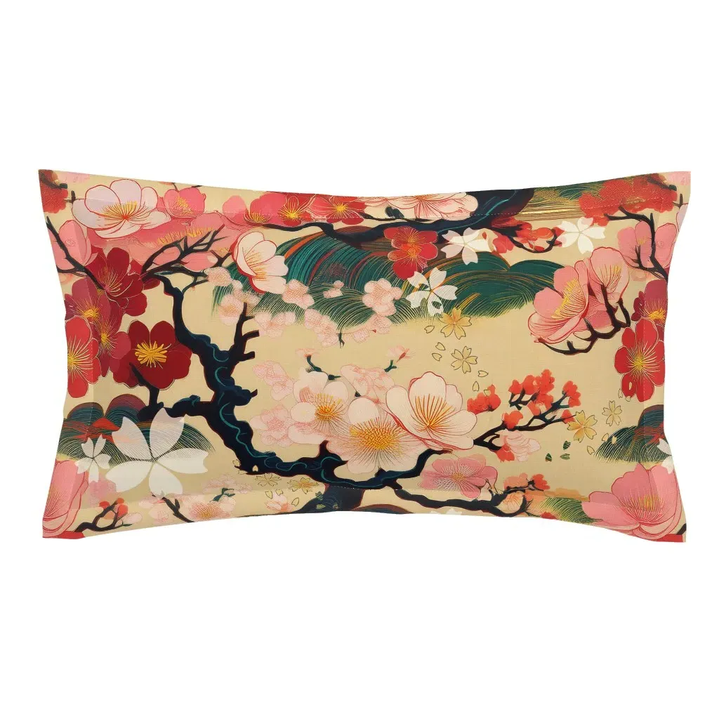 Japanese Kimono Pattern King Pillow Sham - Red, Beige product
