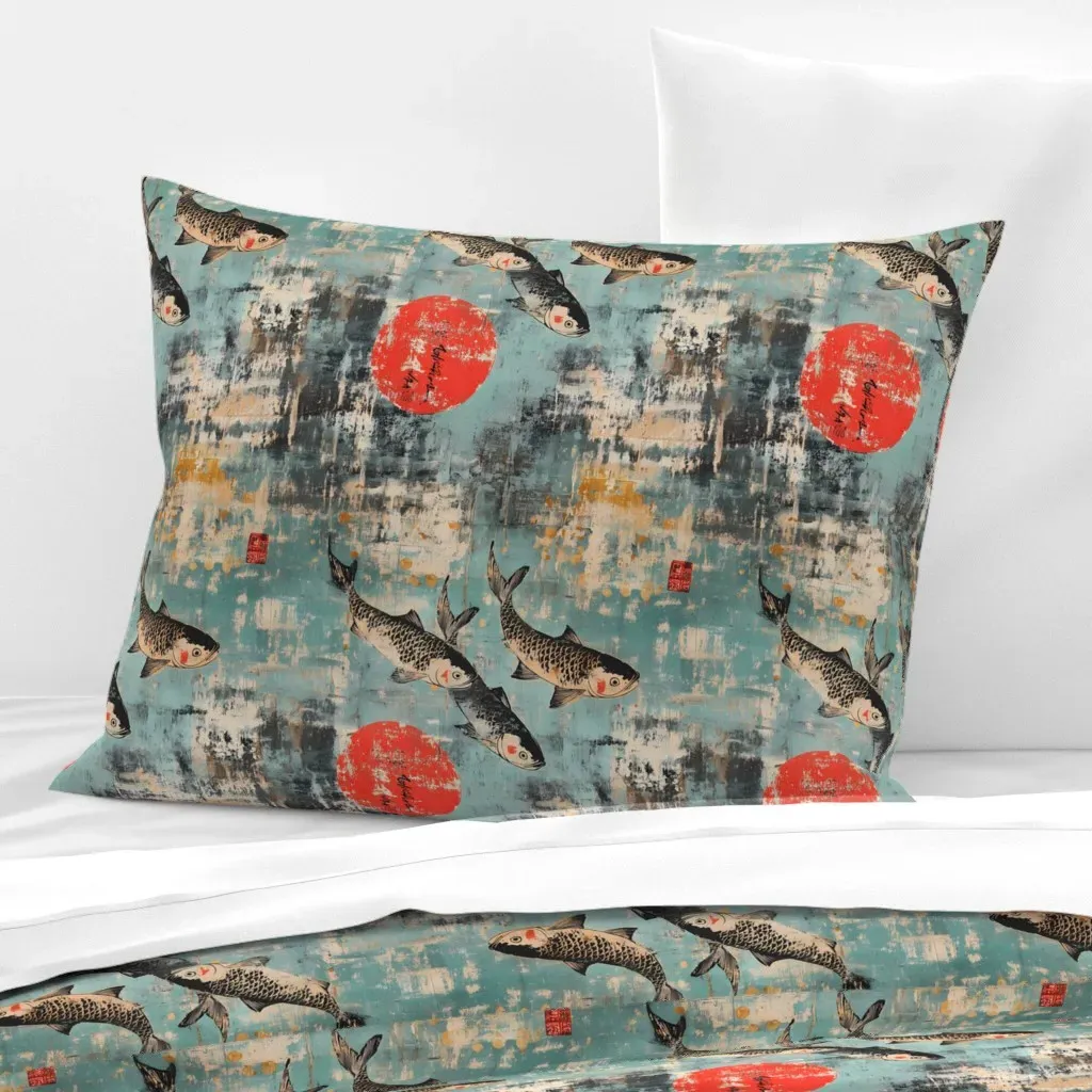 Japanese Koi Fish Vintage Standard Knife Edge Cushion - Teal, Cotton Sateen product