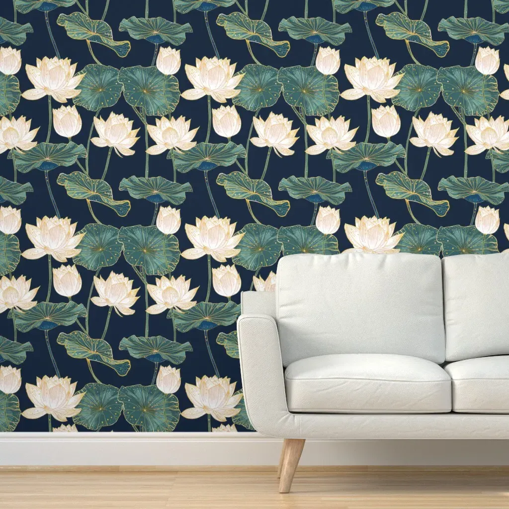 Japanese Lotus Garden Peel and Stick Wallpaper - Navy, White product