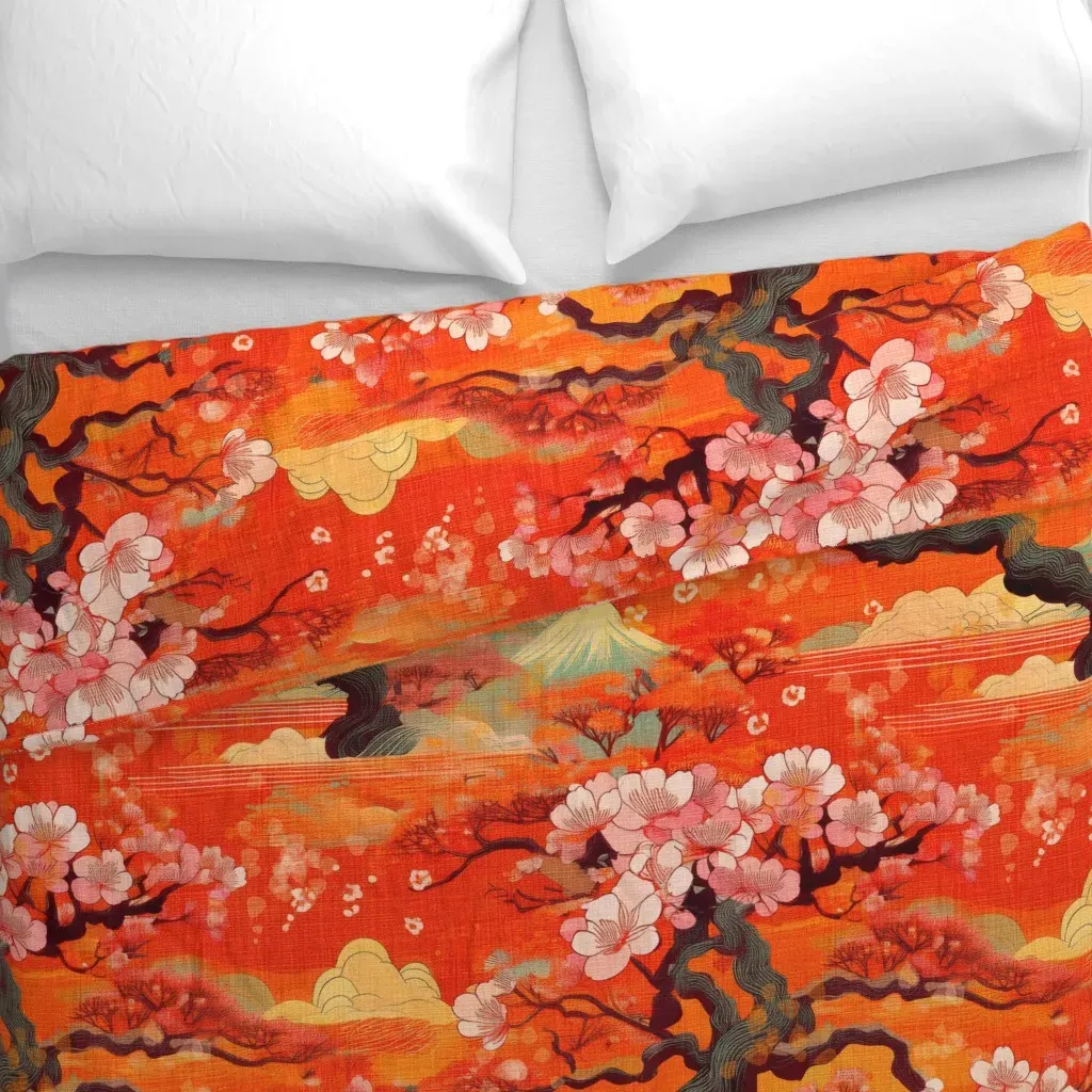 Japanese Orange Kimono Pattern Duvet Cover - Orange alternate view