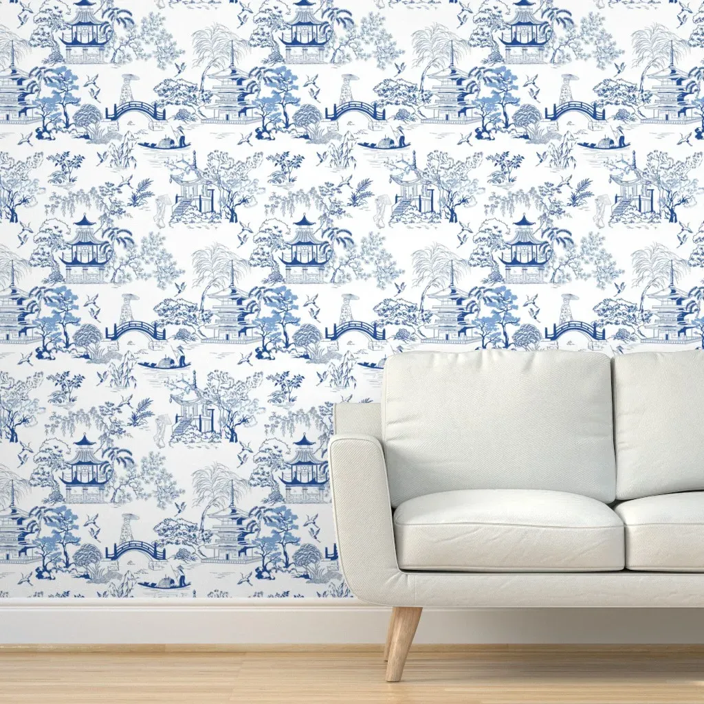 Japanese Pagodas Peel and Stick Wallpaper - Blue, White product