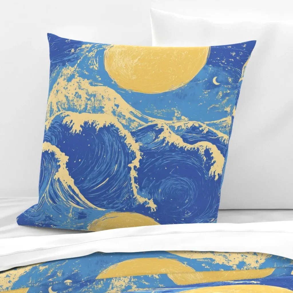 Japanese Wave Moon Woodblock Euro Pillow Sham - Blue product