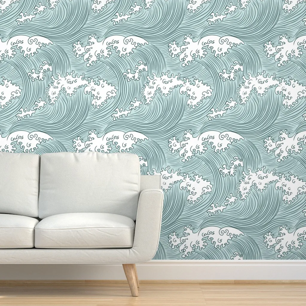 Japanese Waves Large Scale Peel and Stick Wallpaper - Light Teal product