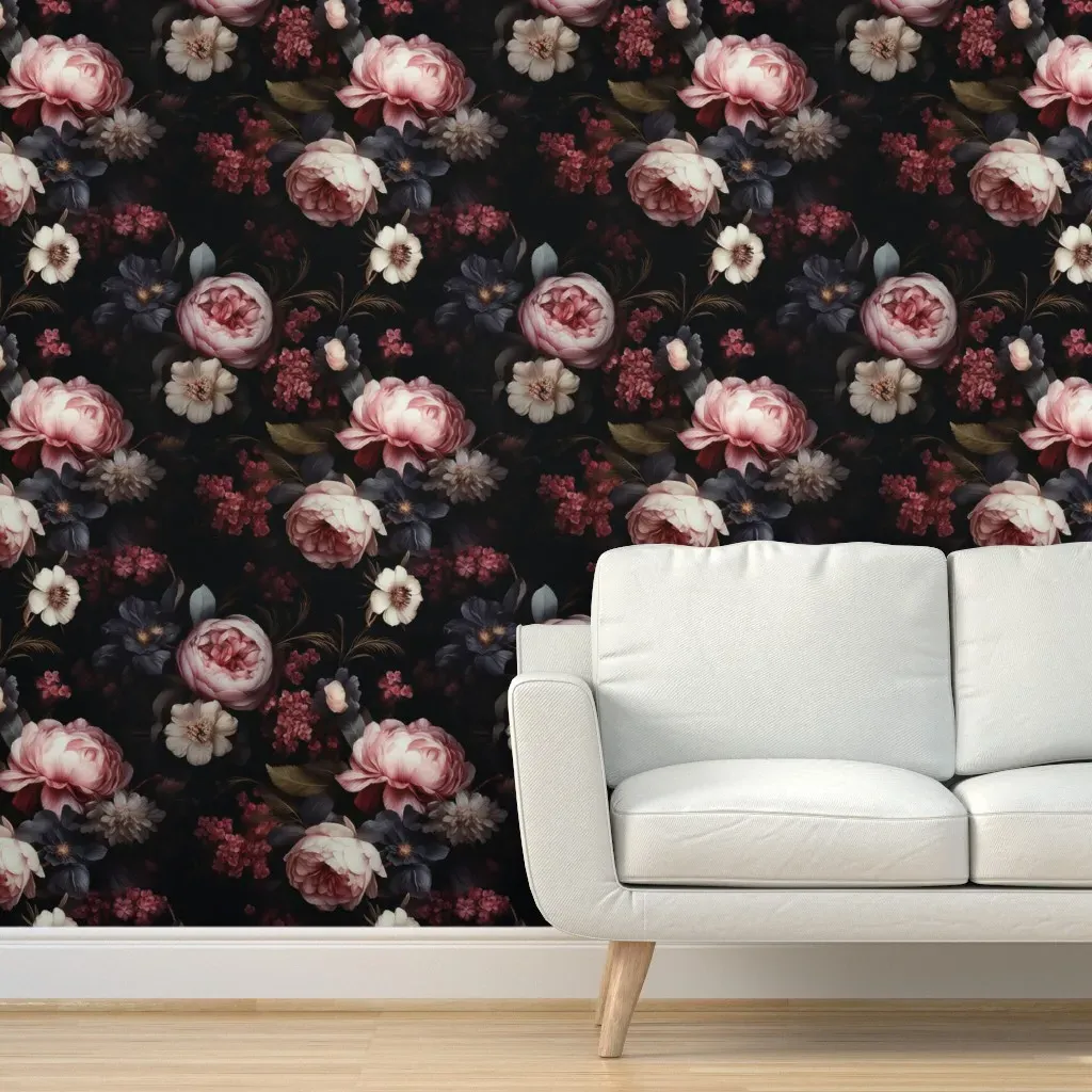 Japanese Zen Dark Floral Peel and Stick Wallpaper - Dusty Rose product