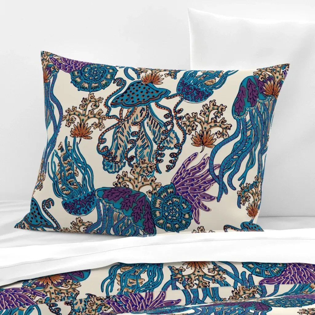 Jellyfish And Shells Standard Knife Edge Cushion - Teal, Cotton Sateen product