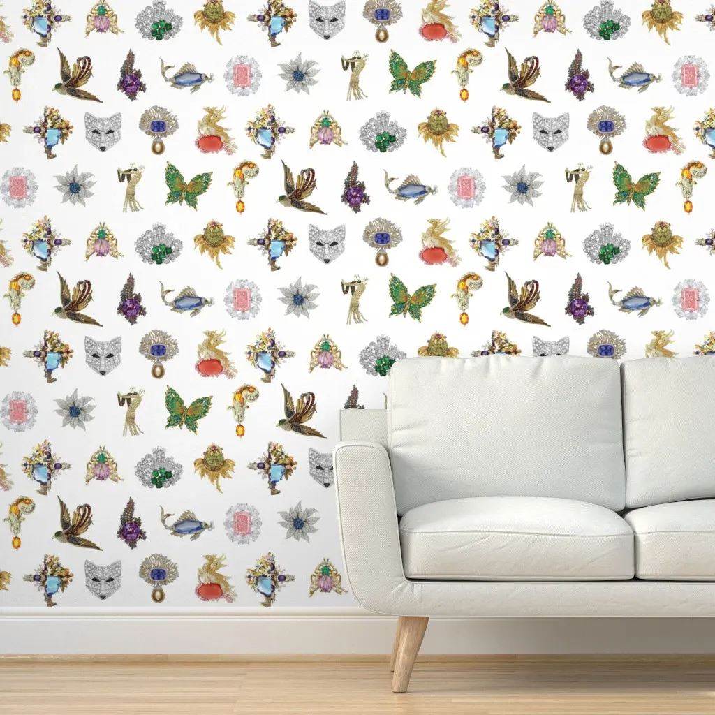Jeweled Brooches Peel and Stick Wallpaper - Gold, White product