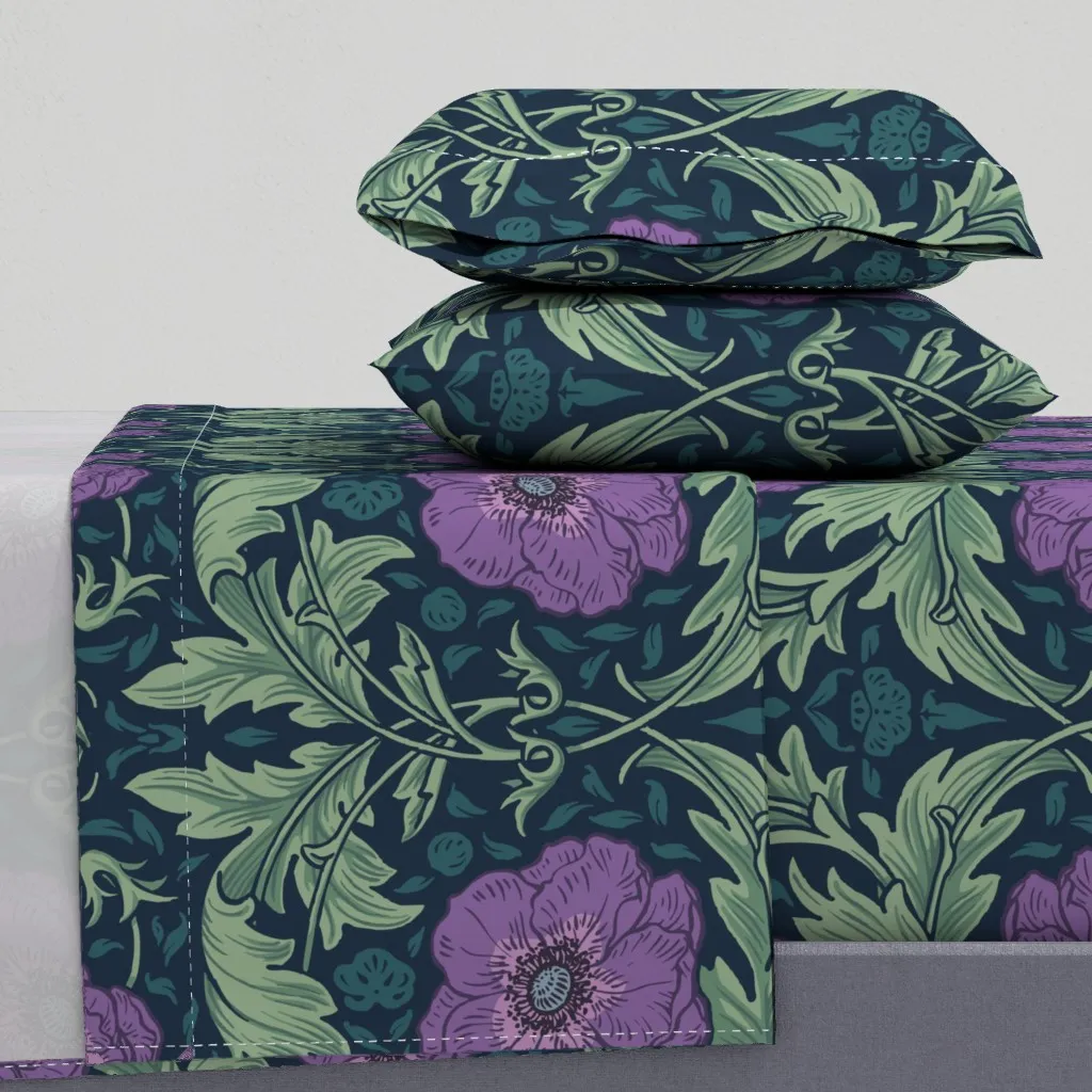 Jumbo Anemone Victorian Floral Scrollwork Queen Sheet Set - Purple product