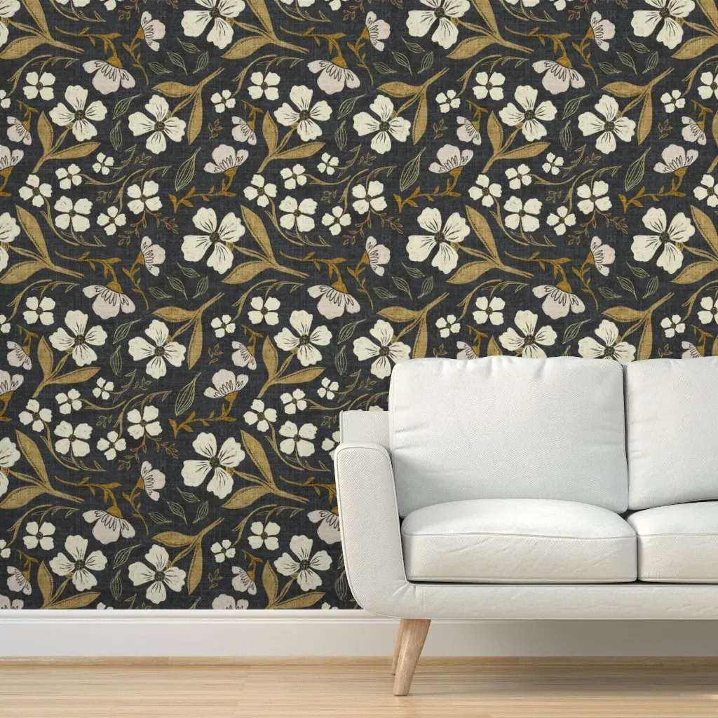 Jumbo Boho Tossed Floral Peel and Stick Wallpaper - Navy and Gold product