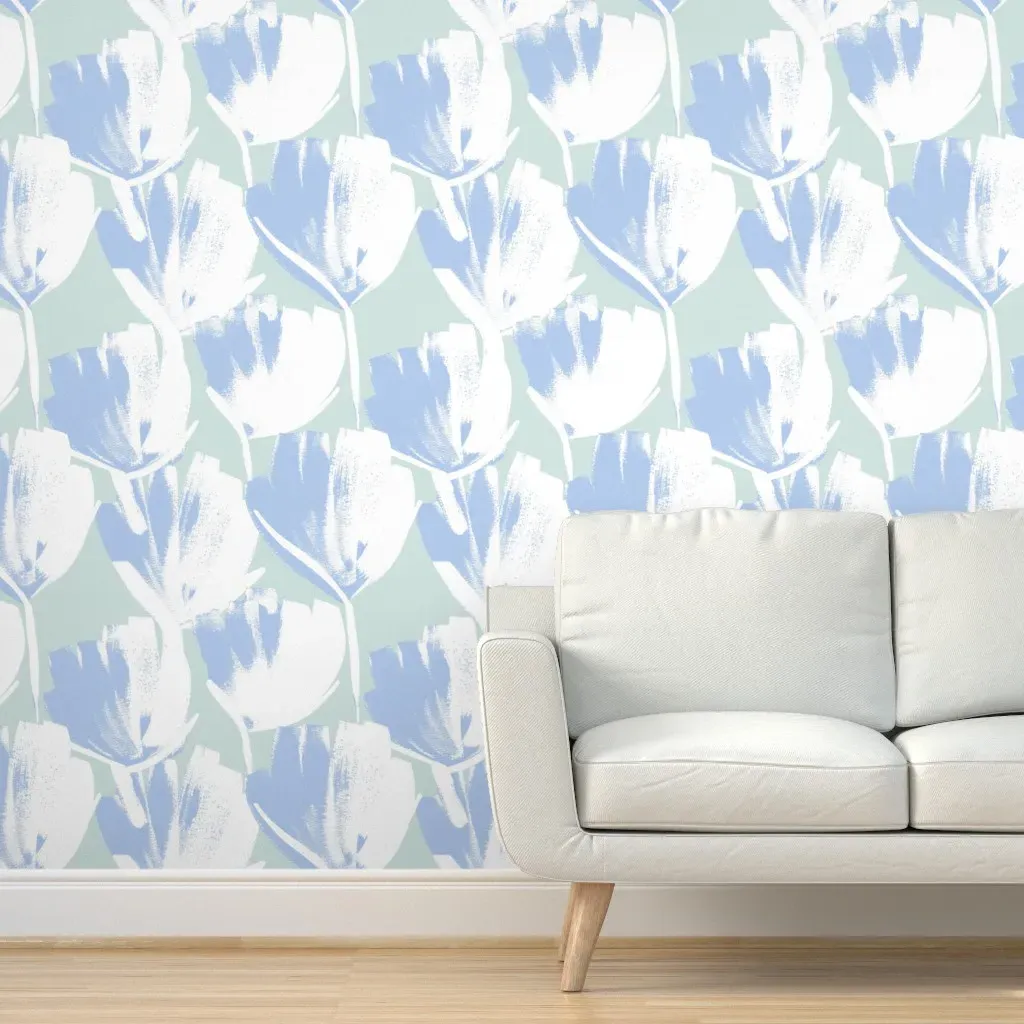 Jumbo Flowers Peel and Stick Wallpaper - Cornflower Blue, Seafoam Green product