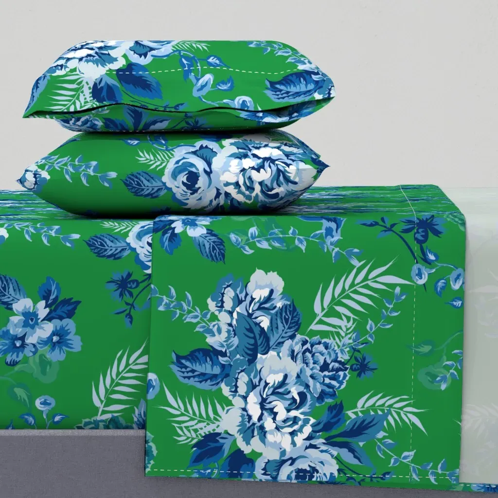 Jumbo Grandmillenial Roses Queen Sheet Set - Blue, Green product