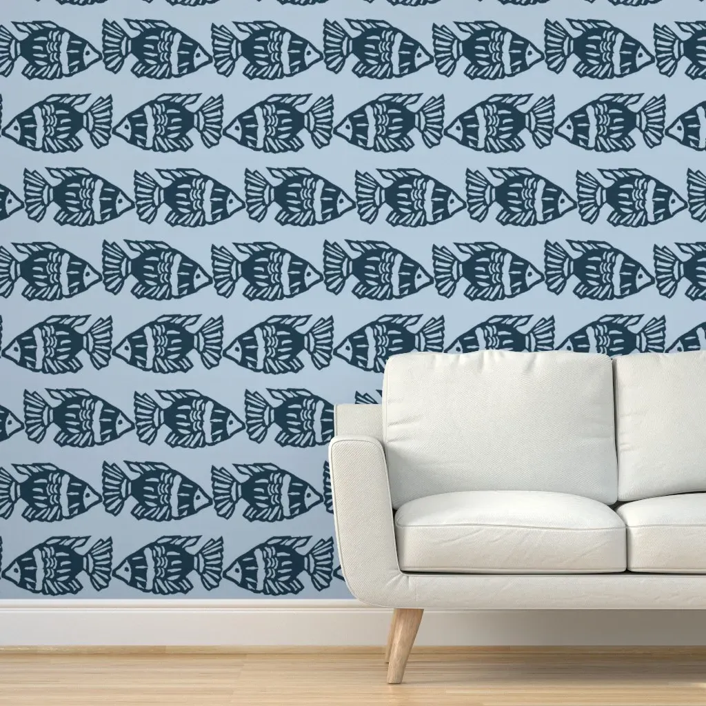 Jumbo Large Scale Block Print Fish Peel and Stick Wallpaper - Navy Blue product