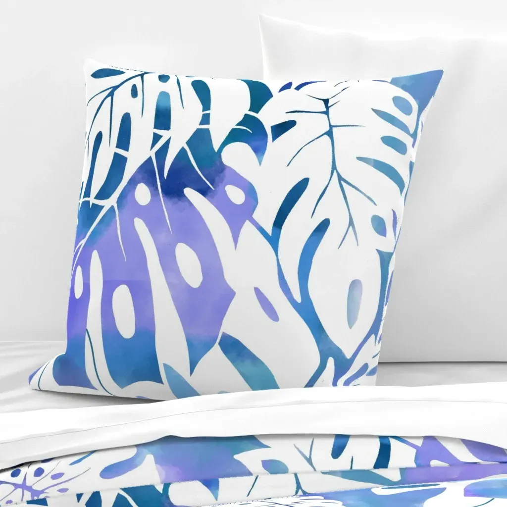 Jumbo Monstera Watercolor Euro Pillow Sham - Blue Violet, White product