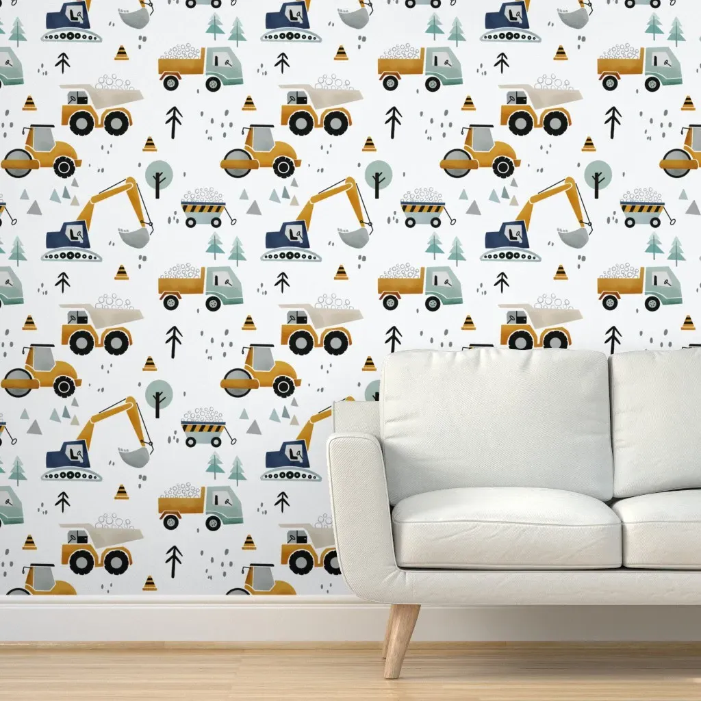 Jumbo Scale Vehicles & Trucks Construction Site Wallpaper - Mustard Yellow product