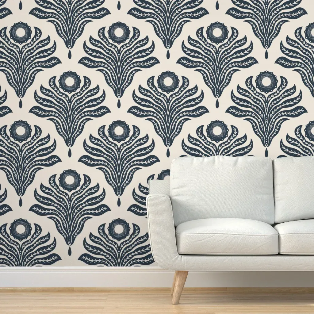 Jumbo Symmetrical Scandi Folk Art Floral Peel and Stick Wallpaper - Navy Blue product