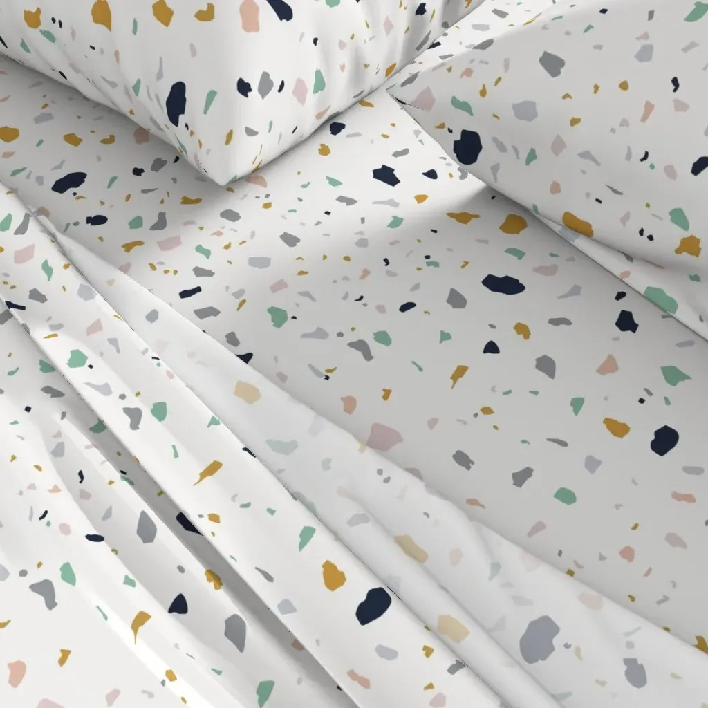 Jumbo Terrazzo Print Queen Sheet Set - Navy, Green, Grey, Mustard & Pink alternate view