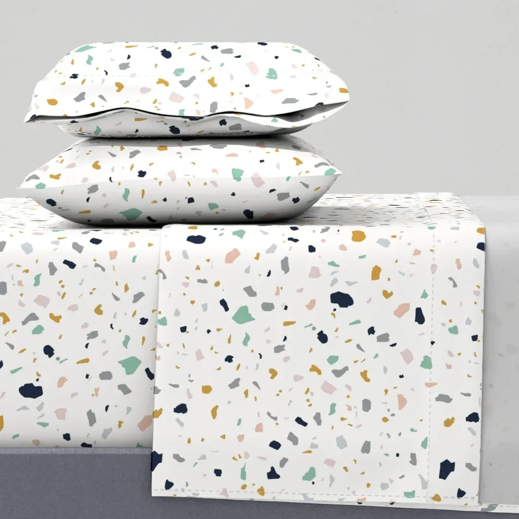 Jumbo Terrazzo Print Queen Sheet Set - Navy, Green, Grey, Mustard & Pink product
