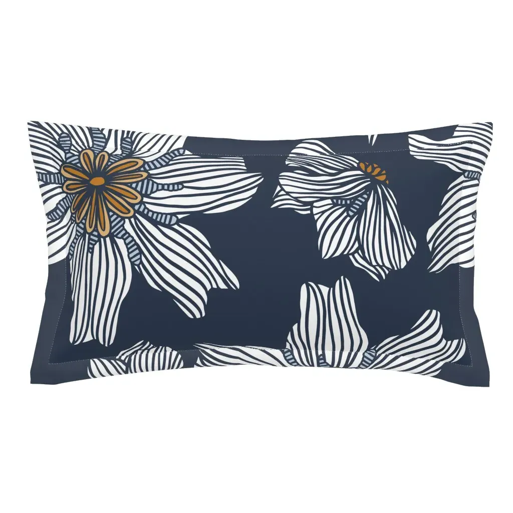 Jumbo White Lily Flowers on Navy Blue King Pillow Sham - White product