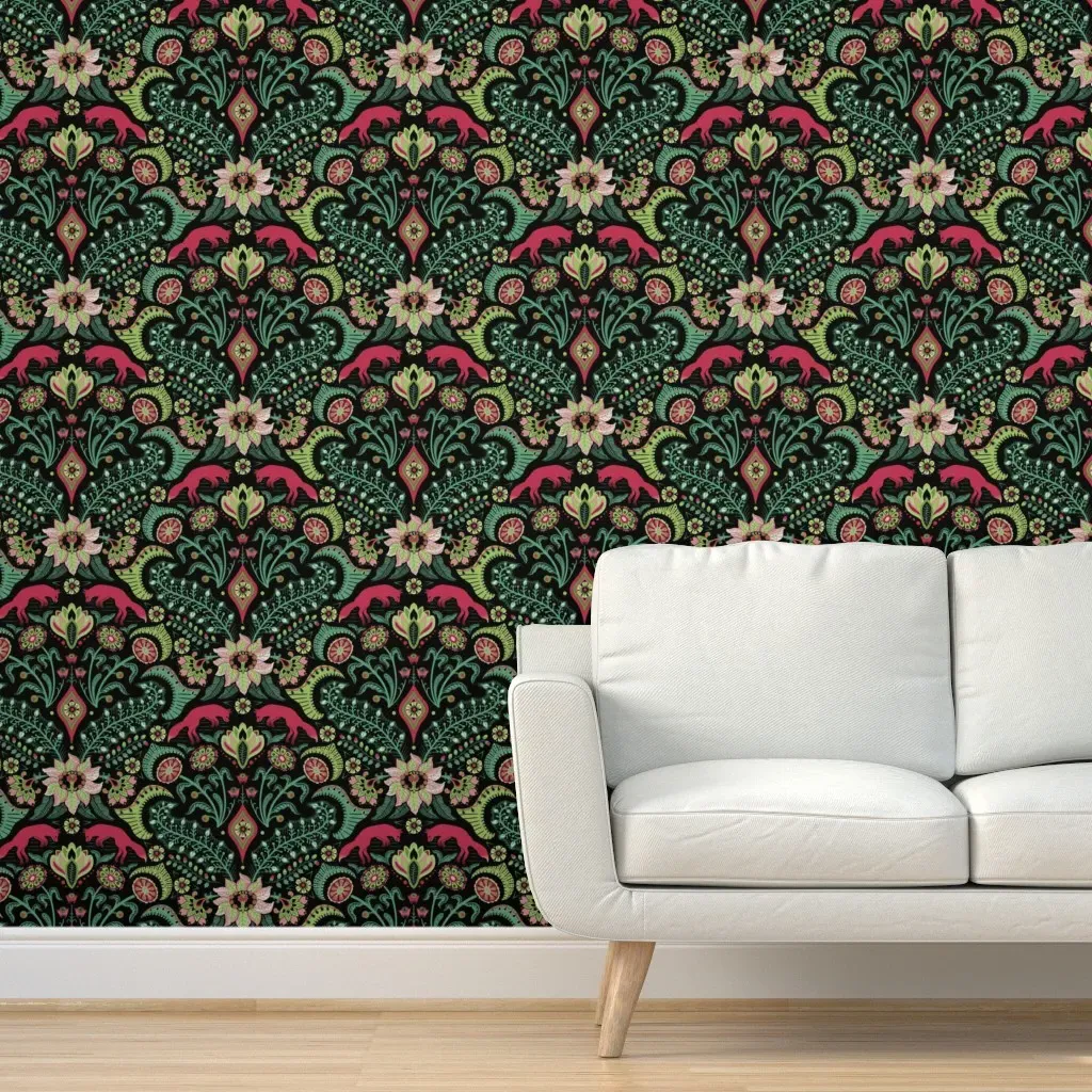 Jumping Foxes Folk Floral Damask Peel and Stick Wallpaper - Dark Green product
