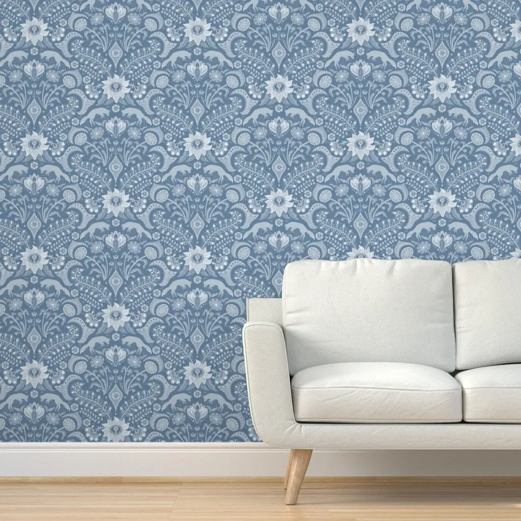 Jumping Foxes Folk Floral Damask Peel and Stick Wallpaper - Dusty Blue product