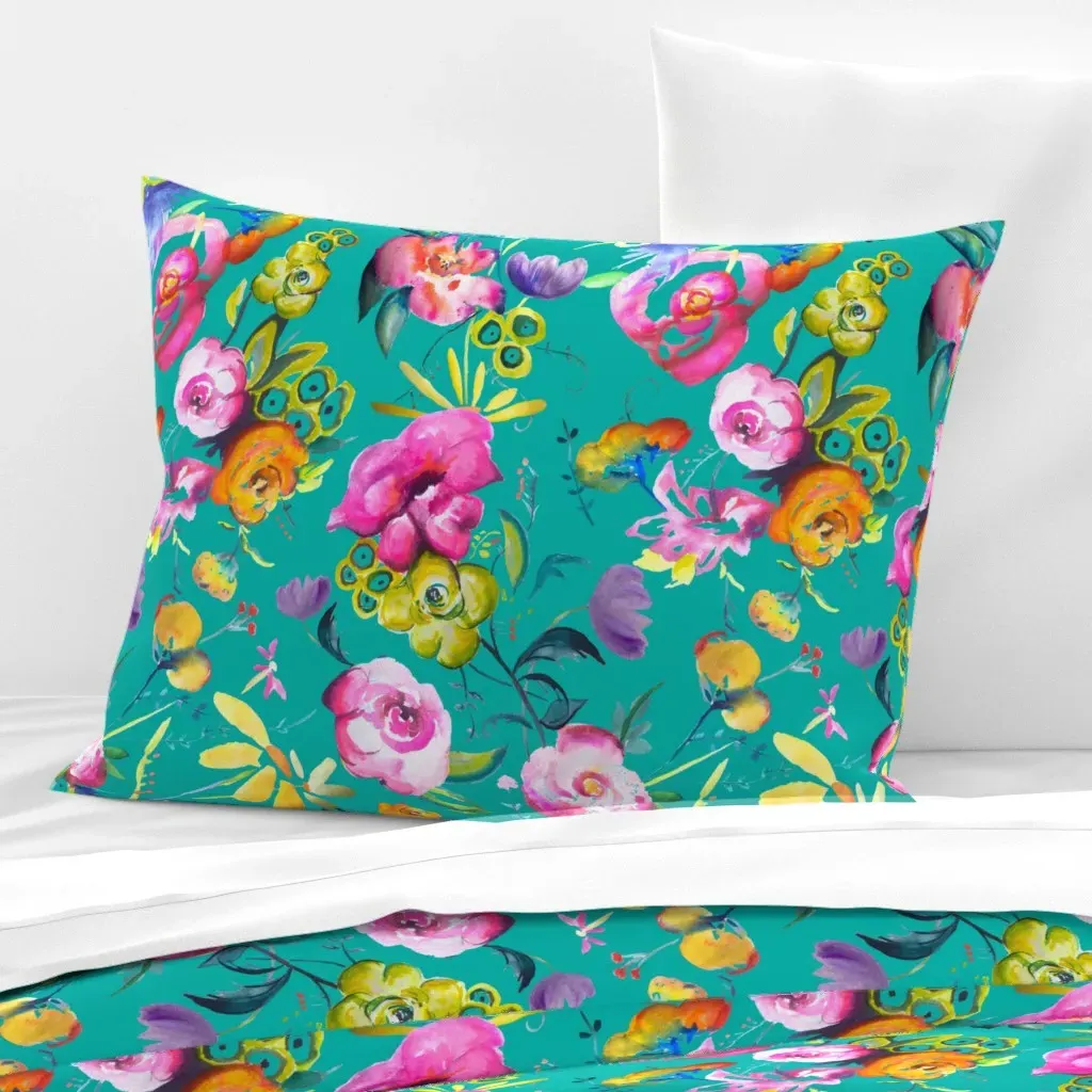 June Floral Standard Knife Edge Pillow - Teal, Cotton Sateen product