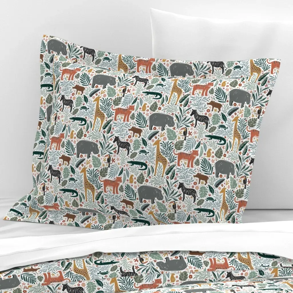 Jungle Animal Friends Standard Flanged Cushion Cover - Green, Cotton Sateen product