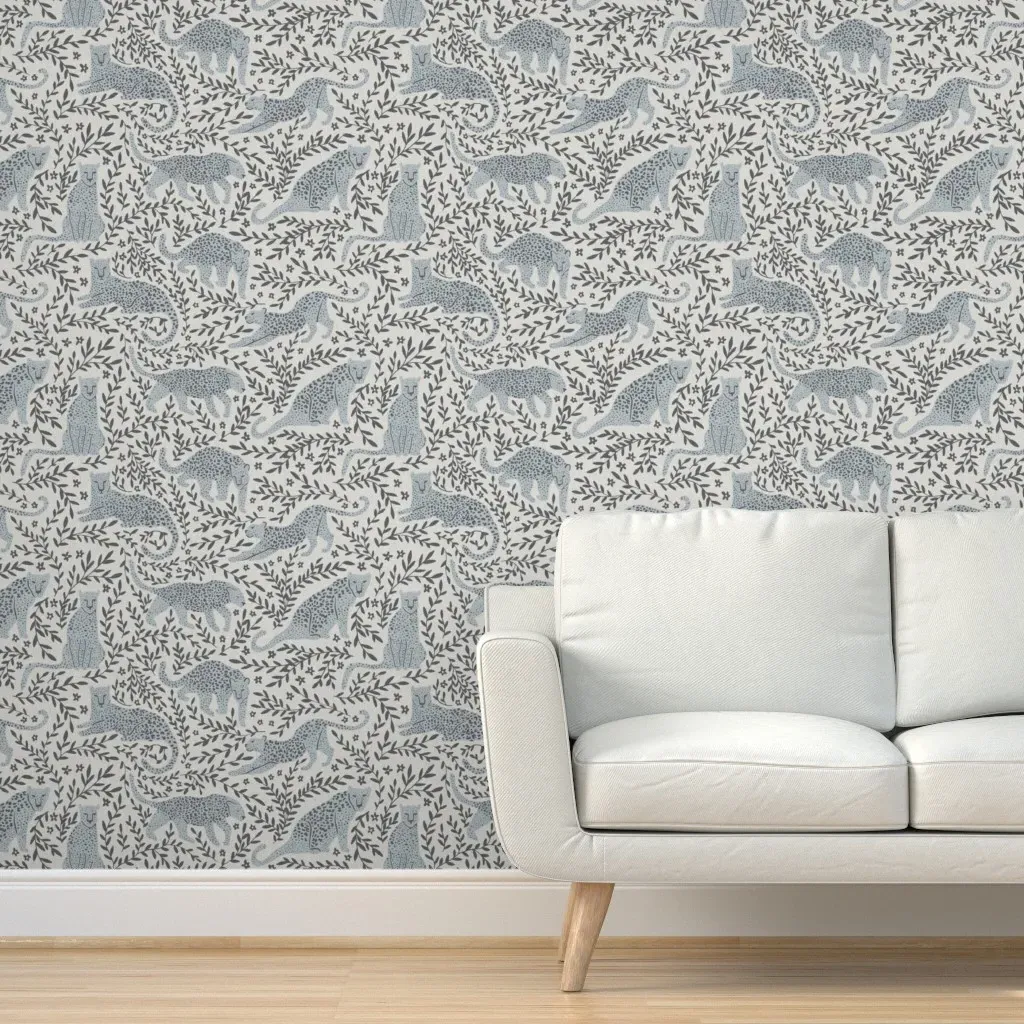 Jungle Cat Peel and Stick Wallpaper - Powder Blue, Off White product