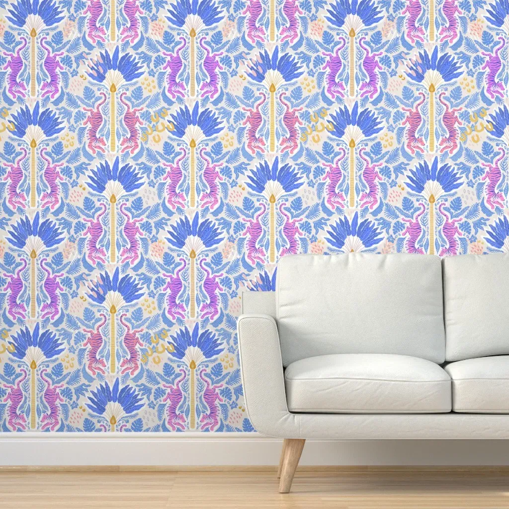 Jungle Cats Tropical Tigers Peel and Stick Wallpaper - Blue product