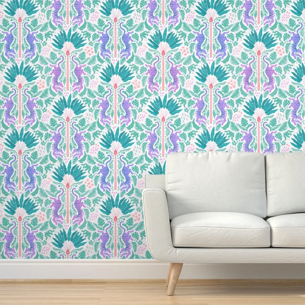 Jungle Cats Tropical Tigers Peel and Stick Wallpaper - Teal product