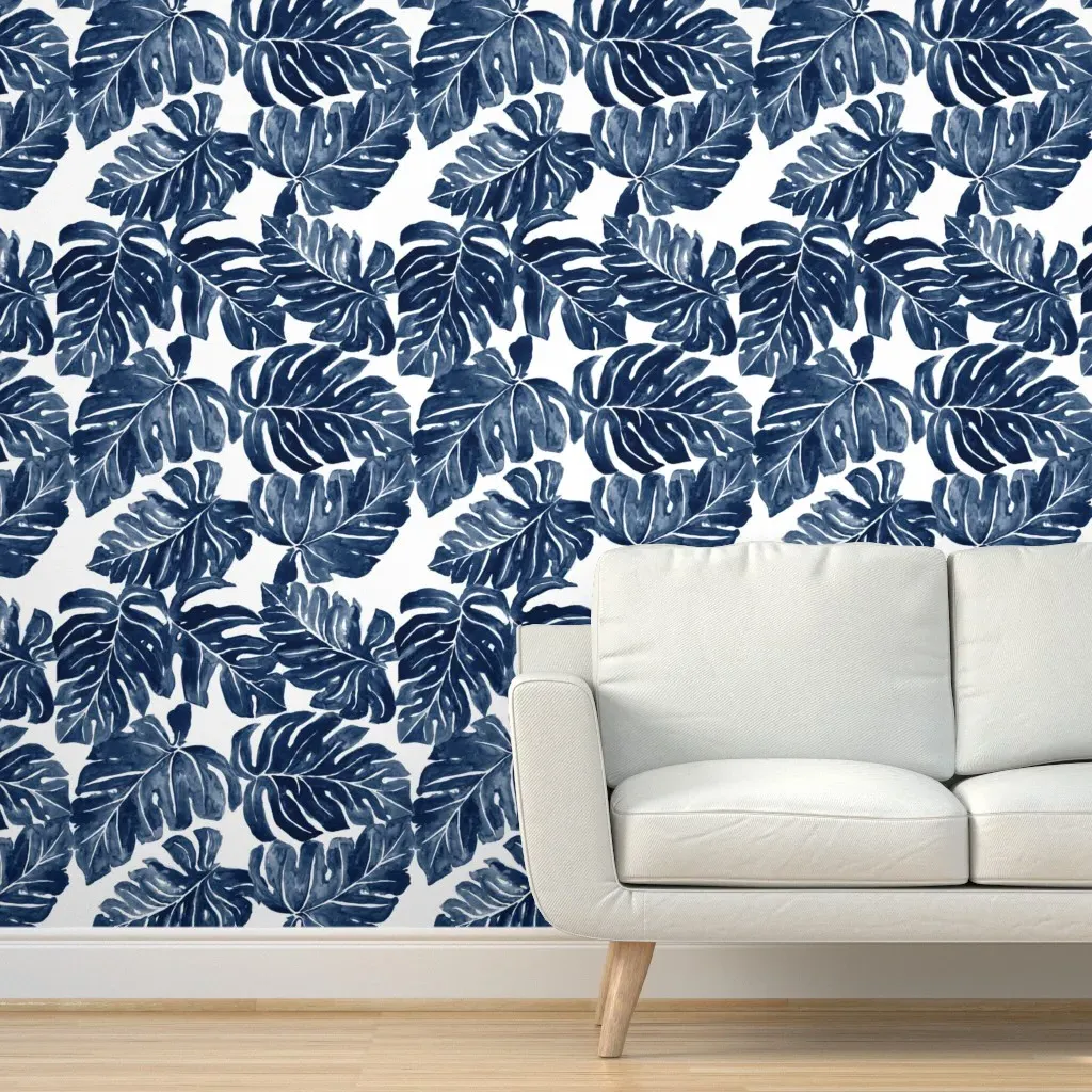 Jungle Monstera Leaves Peel and Stick Wallpaper - Blue product