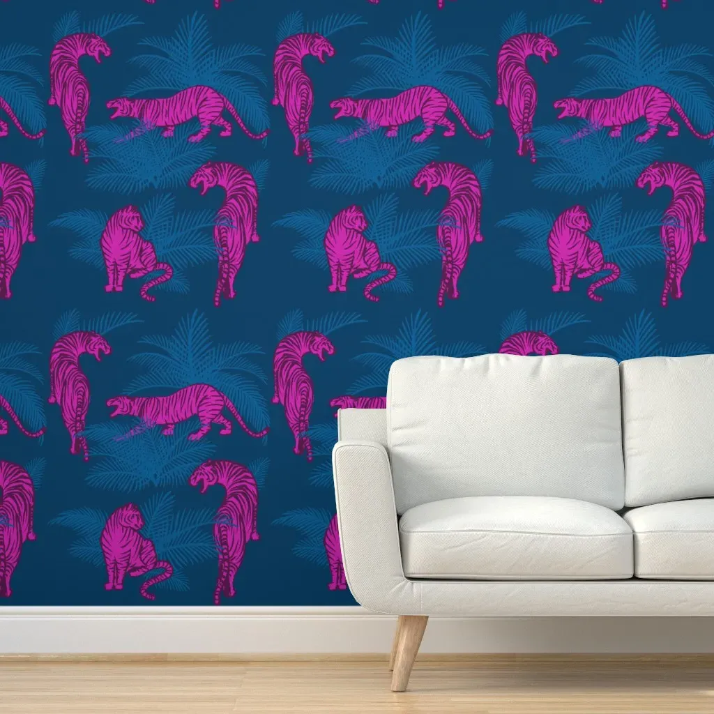 Jungle Tigers Peel and Stick Wallpaper - Blue, Pink, Red product