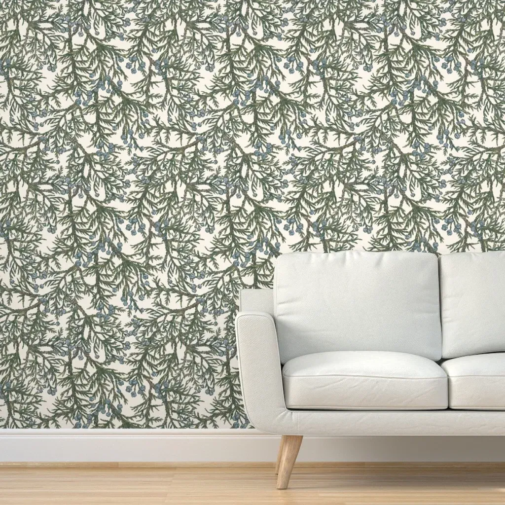 Juniper Trees & Berries Peel and Stick Wallpaper - Cream, Large Scale product